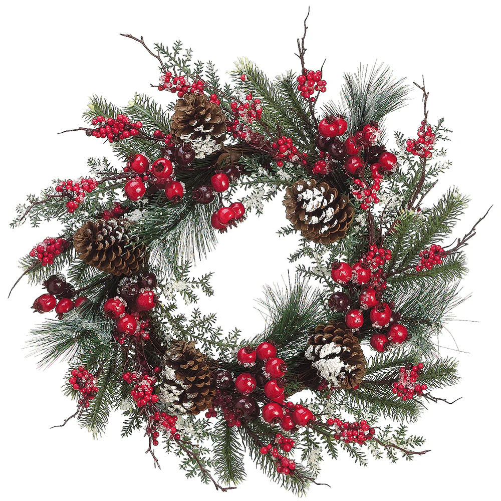 24" Artificial Flocked Berry, Pinecone & Pine Wreath -Red/Snow (Pack of 2)