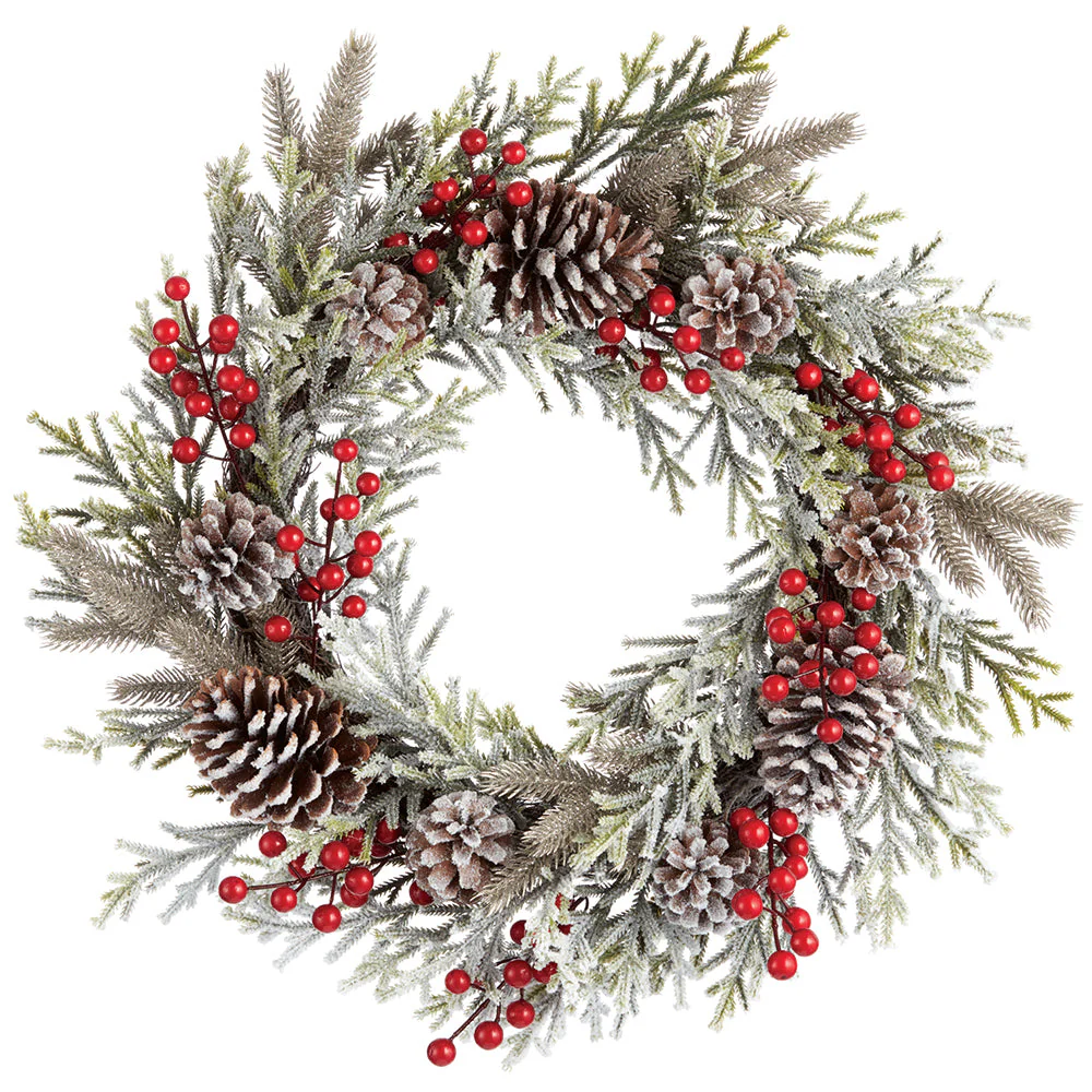 24" Artificial Glittered Berry, Pinecone & Pine Wreath -Red/Green