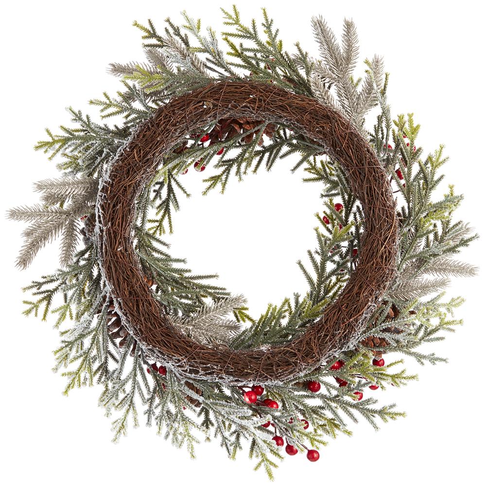 24" Artificial Glittered Berry, Pinecone & Pine Wreath -Red/Green - Image 2