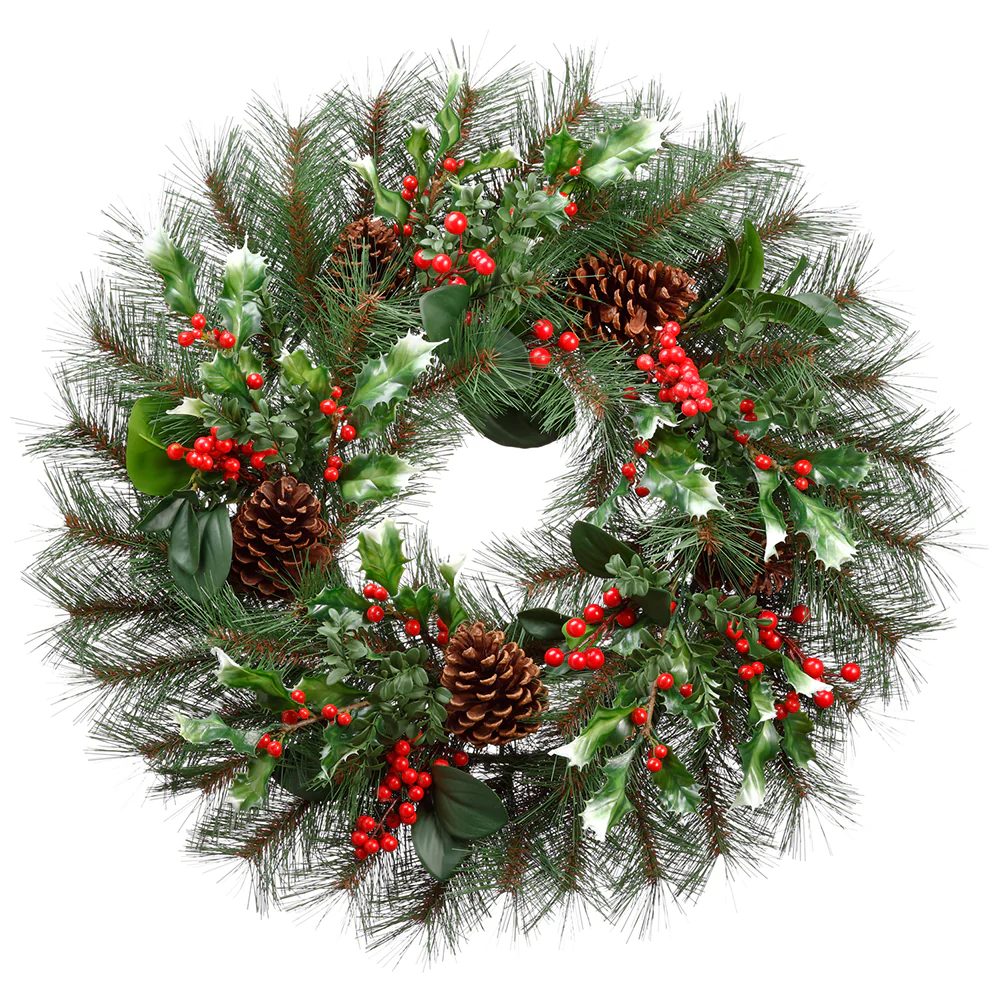 24" Artificial Holly, Berry, Pinecone & Pine Wreath -Red/Brown (Pack of 2)