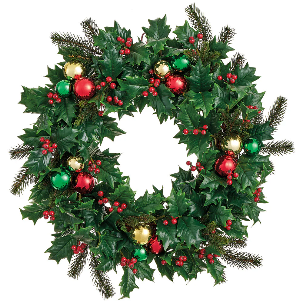 24" Artificial Holly Leaf, Ball & Pine Wreath -Mixed Green (Pack of 4)