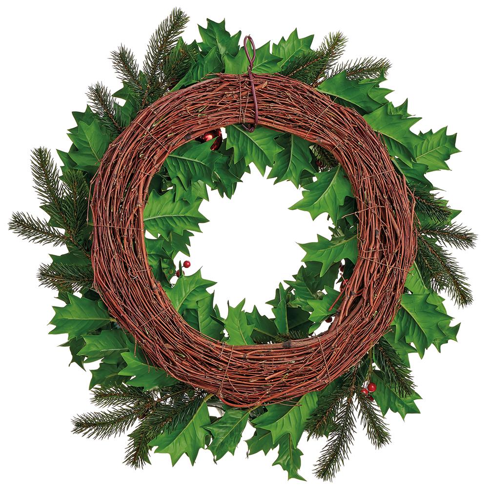 24" Artificial Holly Leaf, Ball & Pine Wreath -Mixed Green (Pack of 4) - Image 2