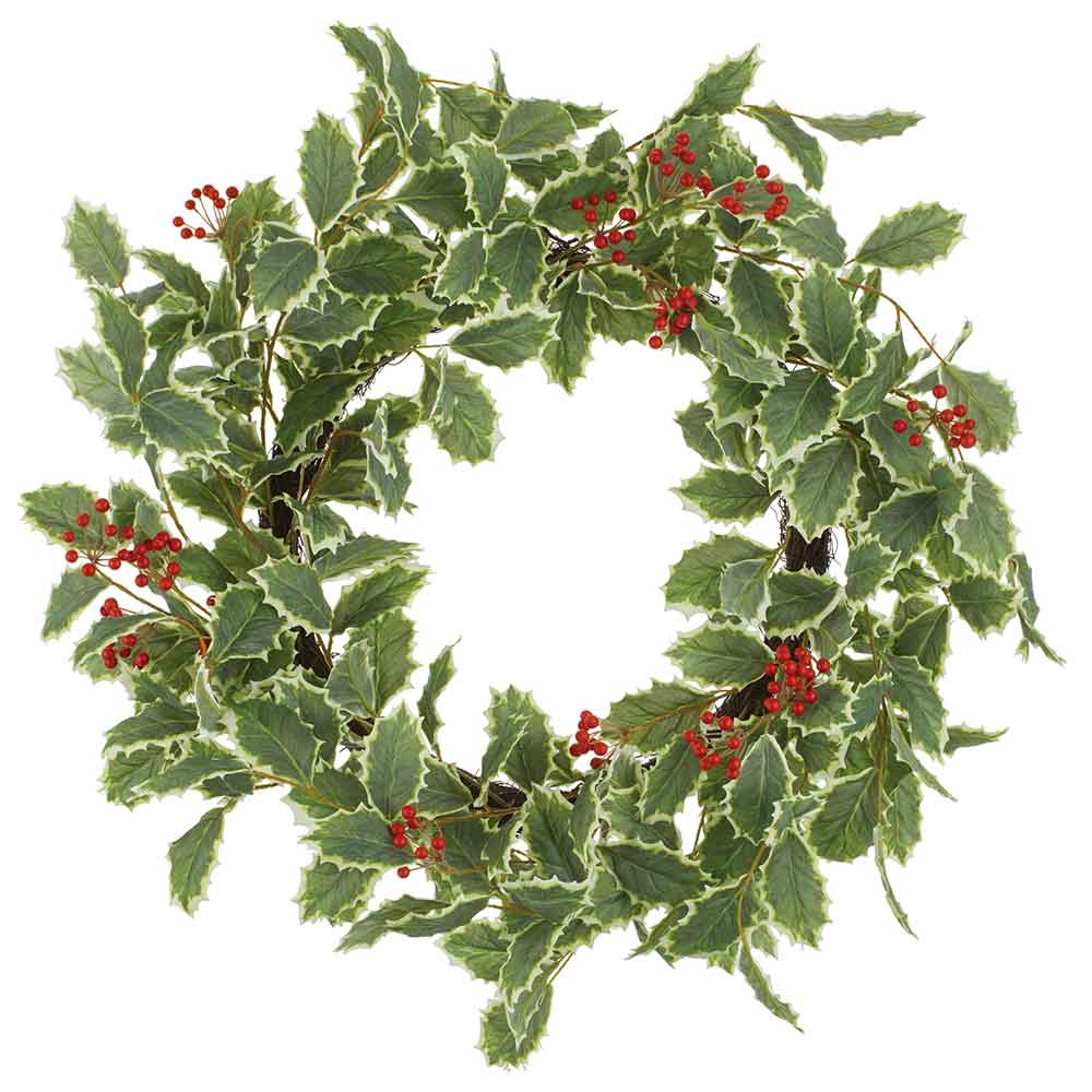 24" Artificial Holly Leaf & Berry Wreath -Variegated/Red (Pack of 2)