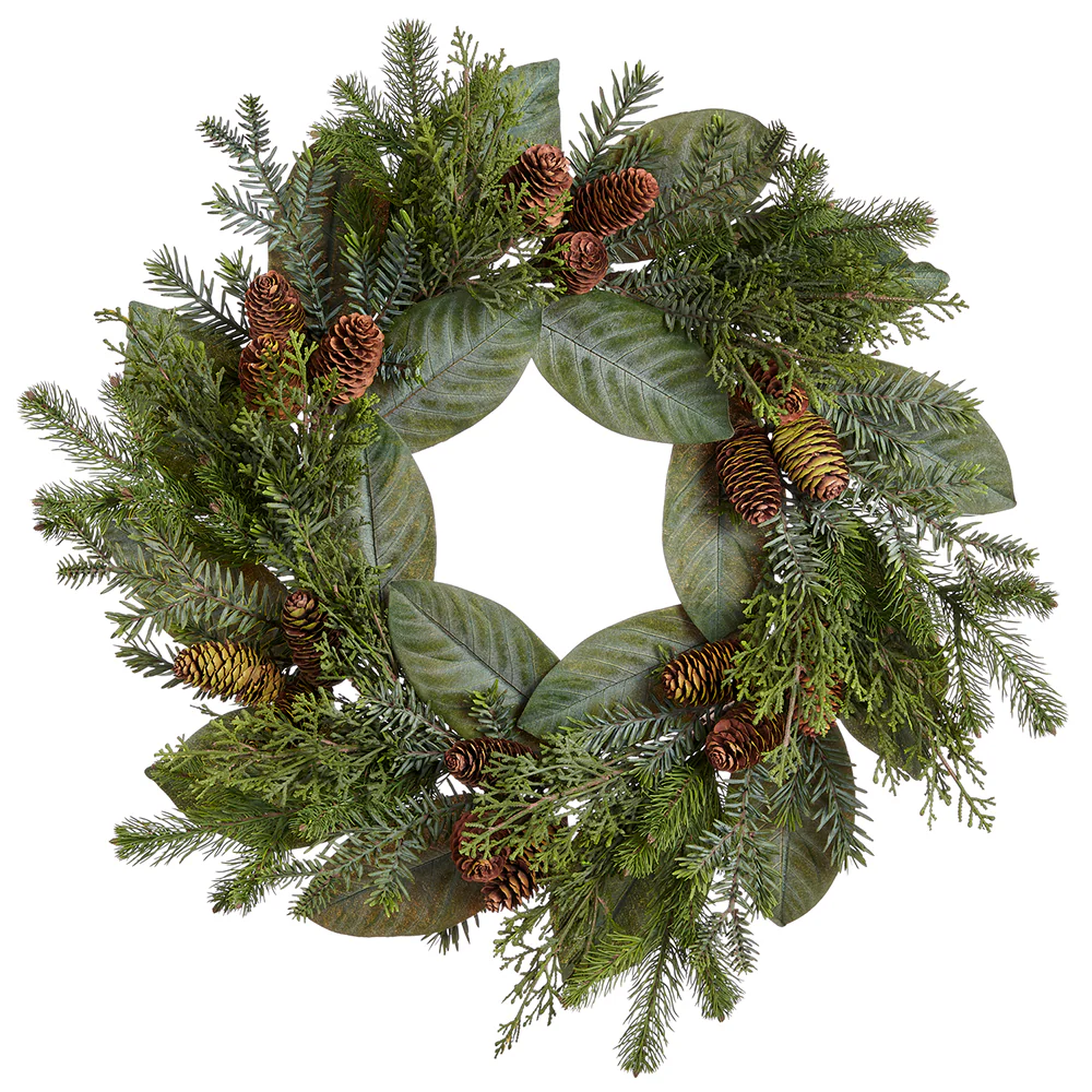 24" Artificial Magnolia Leaf, Pinecone & Pine Wreath -Green/Brown (Pack of 2)