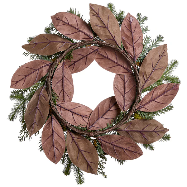 24" Artificial Magnolia Leaf, Pinecone & Pine Wreath -Green/Brown (Pack of 2) - Image 2