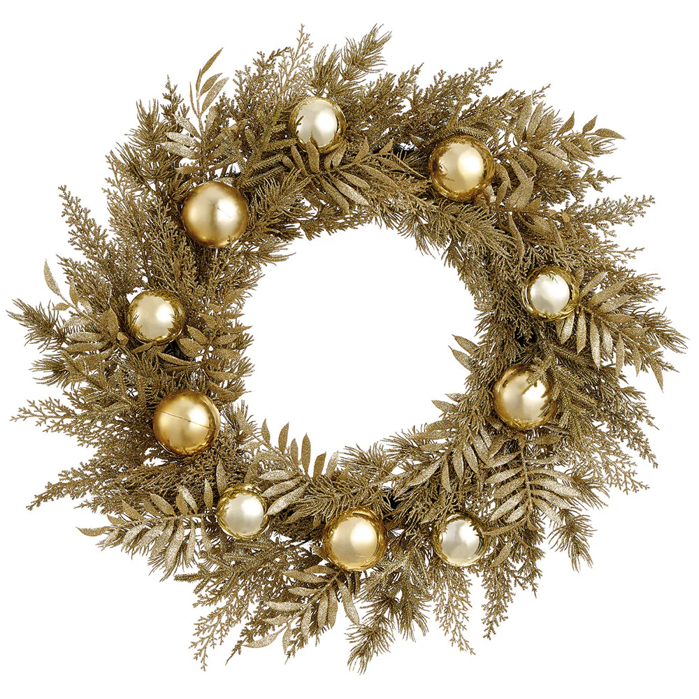 24" Artificial Ornament Ball & Glittered Pine Wreath -Gold (Pack of 4)