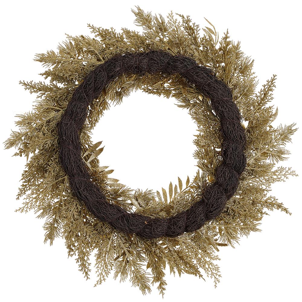 24" Artificial Ornament Ball & Glittered Pine Wreath -Gold (Pack of 4) - Image 2