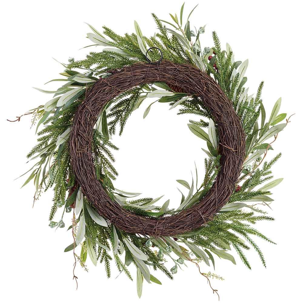 24" Artificial Pinecone, Berry, Eucalyptus Leaf & Pine Wreath -Green/Brown (Pack of 2) - Image 2