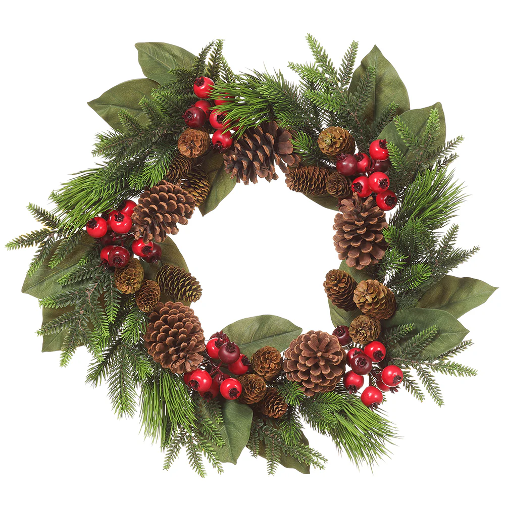 24" Artificial Pinecone, Berry & Mixed Pine Wreath -Green/Brown (Pack of 2)