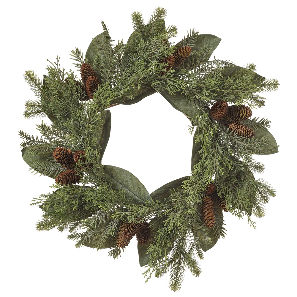 24" Artificial Pinecone, Magnolia Leaf & Pine Wreath -Green/Brown (Pack of 2)