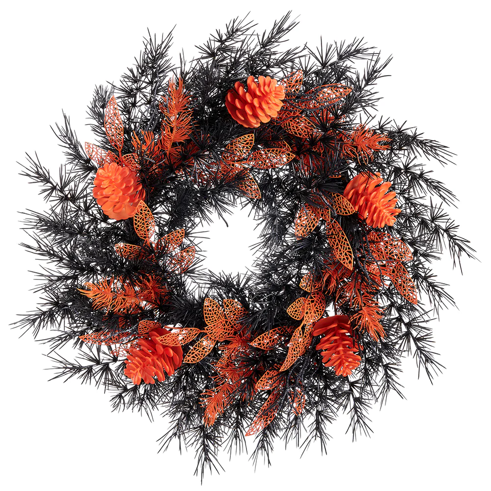 24" Artificial Pinecone & Pine Halloween Wreath -Black/Orange (Pack of 2)