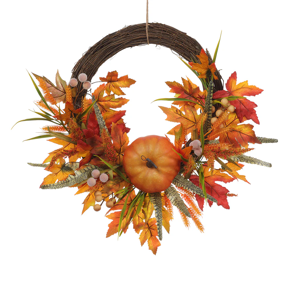24" Artificial Pumpkin & Maple Leaf Wreath -2 Tone Orange (Pack of 2)