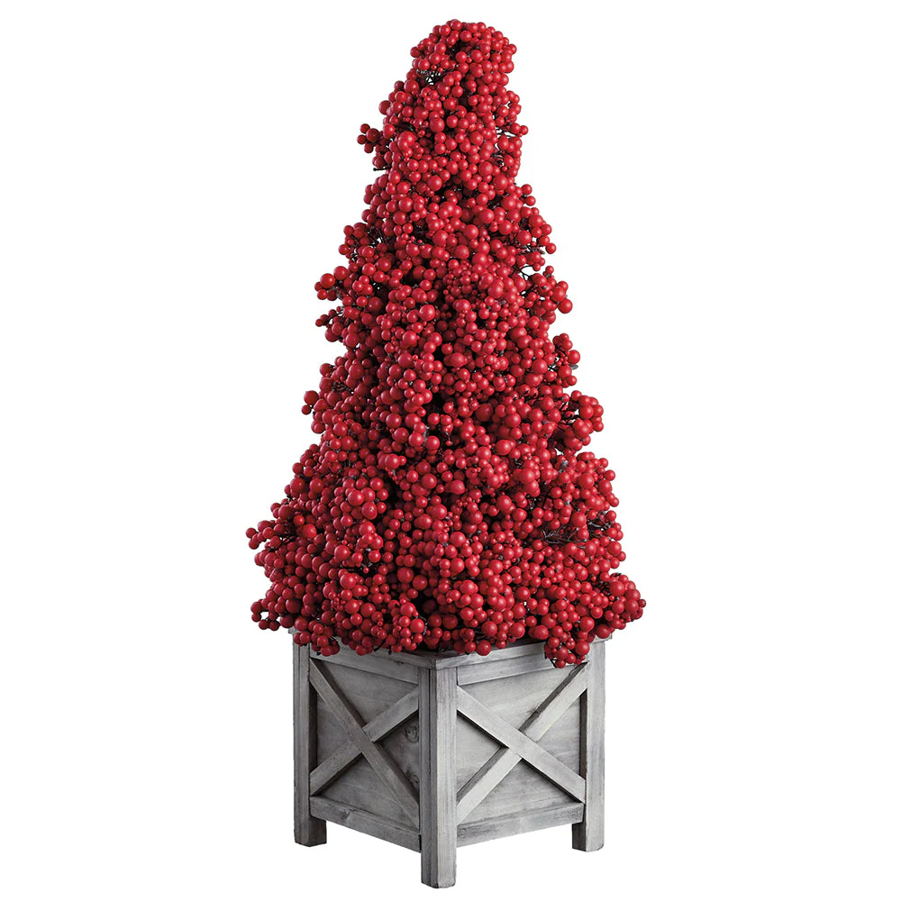 24" Berry Cone-Shaped Artificial Topiary w/Wood Planter -Red