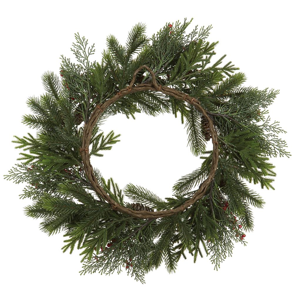 24" Berry, Pinecone & Mixed Pine Hanging Artificial Wreath -Green/Red (Pack of 2) - Image 2