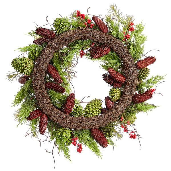 24" Berry, Pinecone & Pine Artificial Wreath -Green/Red (Pack of 2) - Image 2
