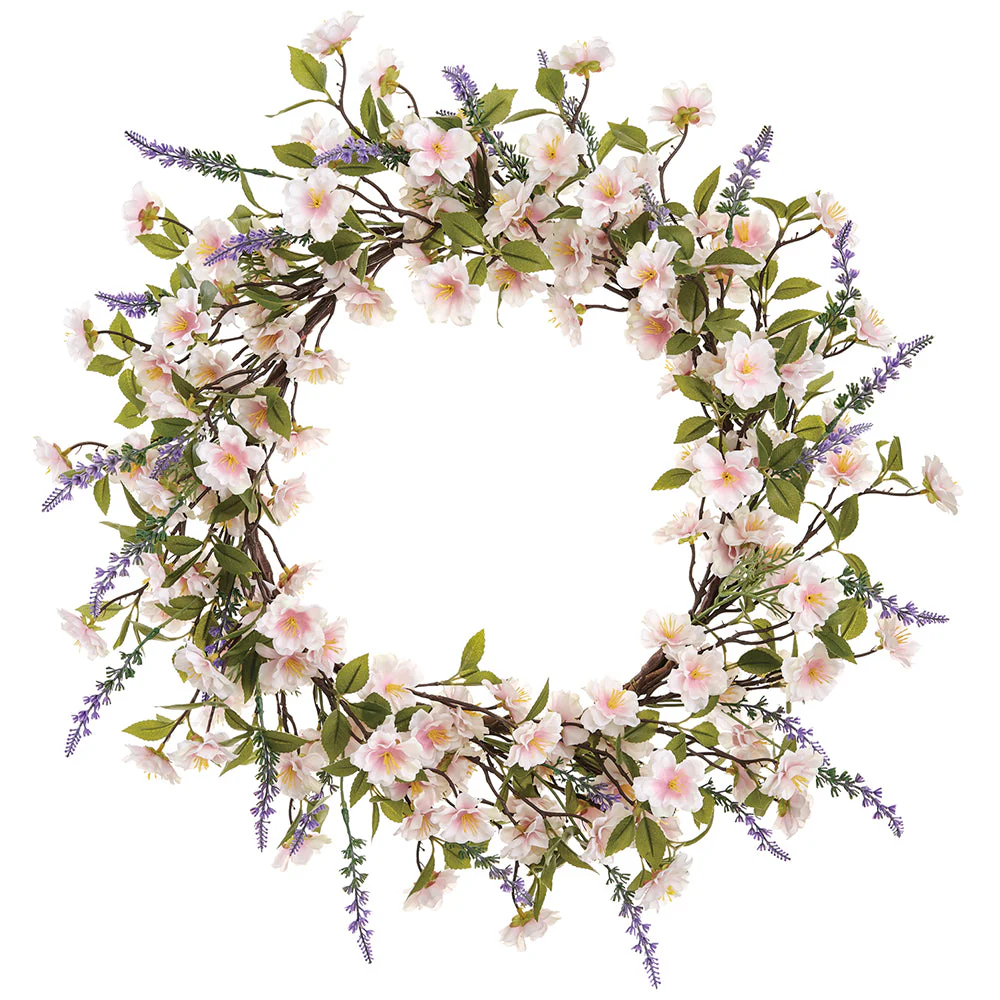 24" Cherry Blossom & Lavender Silk Flower Wreath -Pink/Lavender (Pack of 2)