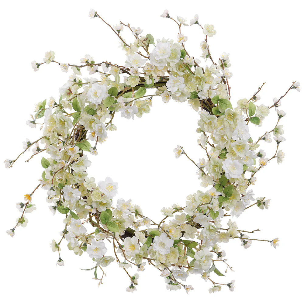 24" Cherry Blossom Silk Flower Wreath -Cream/Green (Pack of 2)