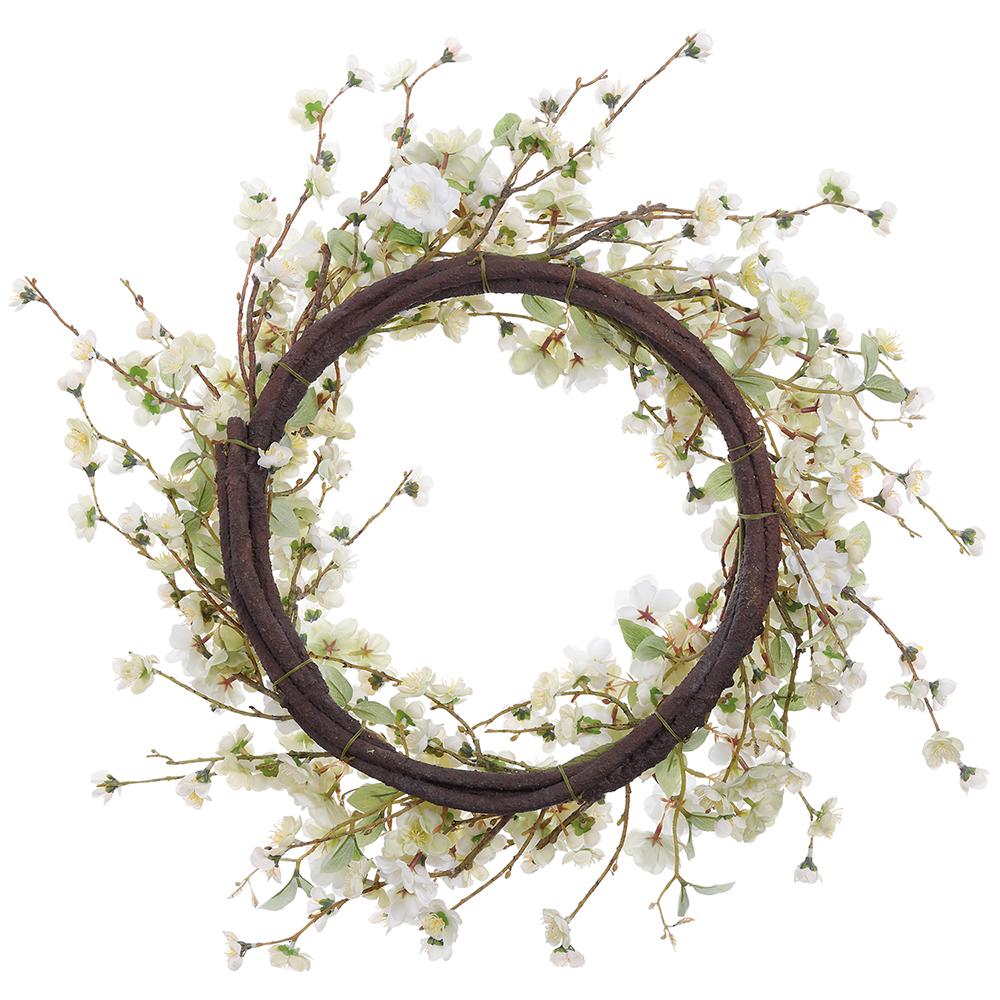 24" Cherry Blossom Silk Flower Wreath -Cream/Green (Pack of 2) - Image 2