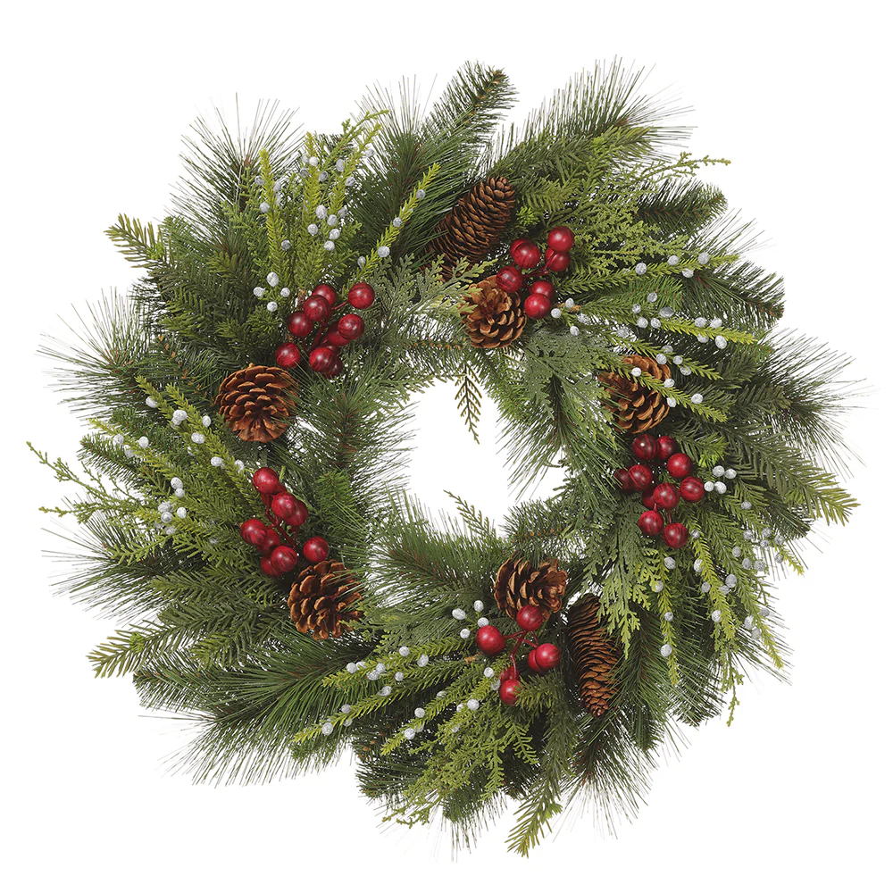 24" Faux Mixed Pine, Berry & Pinecone Wreath -Green/Red (Pack of 2)