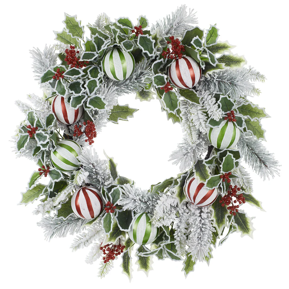 24" Flocked Artificial Holly Leaf, Ball & Pine Wreath -Green/Red (Pack of 4)