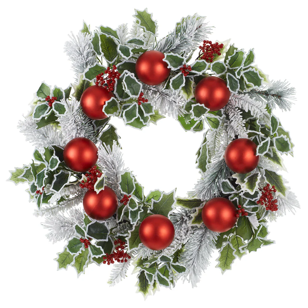 24" Flocked Artificial Holly Leaf, Ball & Pine Wreath -Red/Green (Pack of 4)