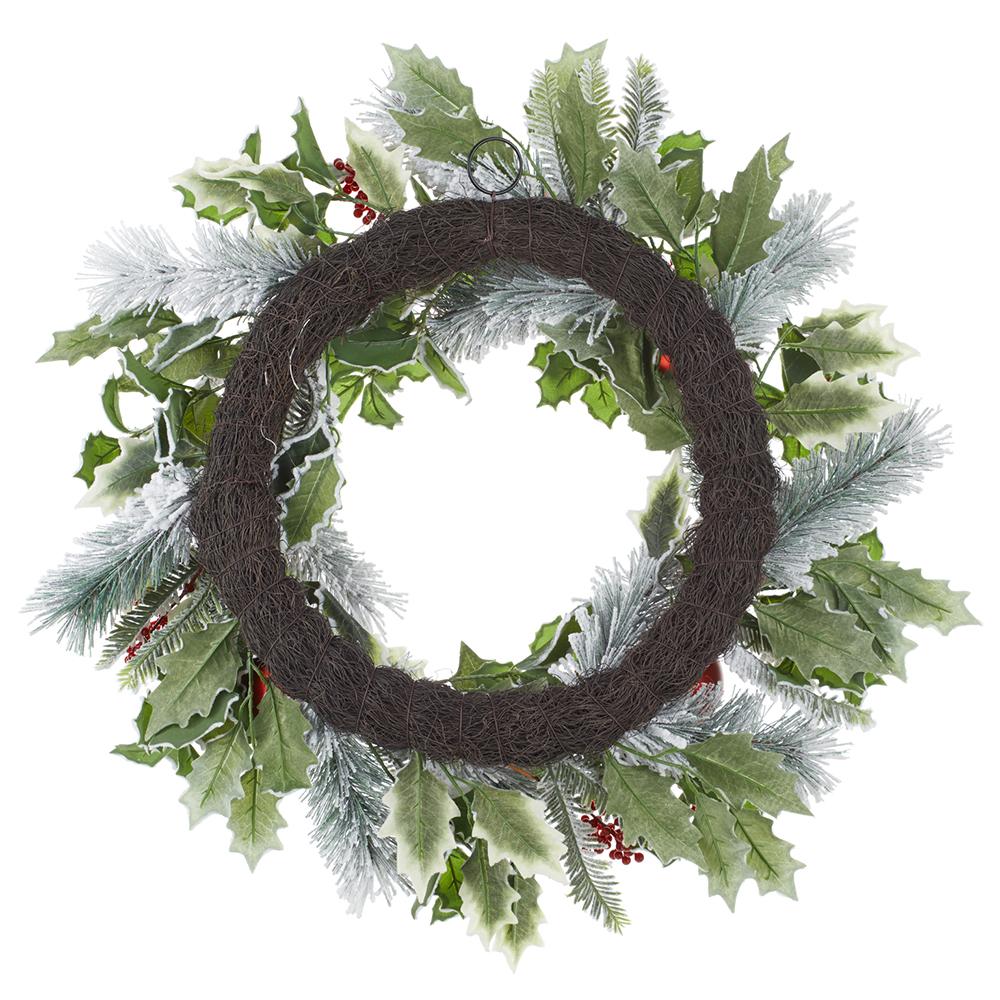 24" Flocked Artificial Holly Leaf, Ball & Pine Wreath -Red/Green (Pack of 4) - Image 2