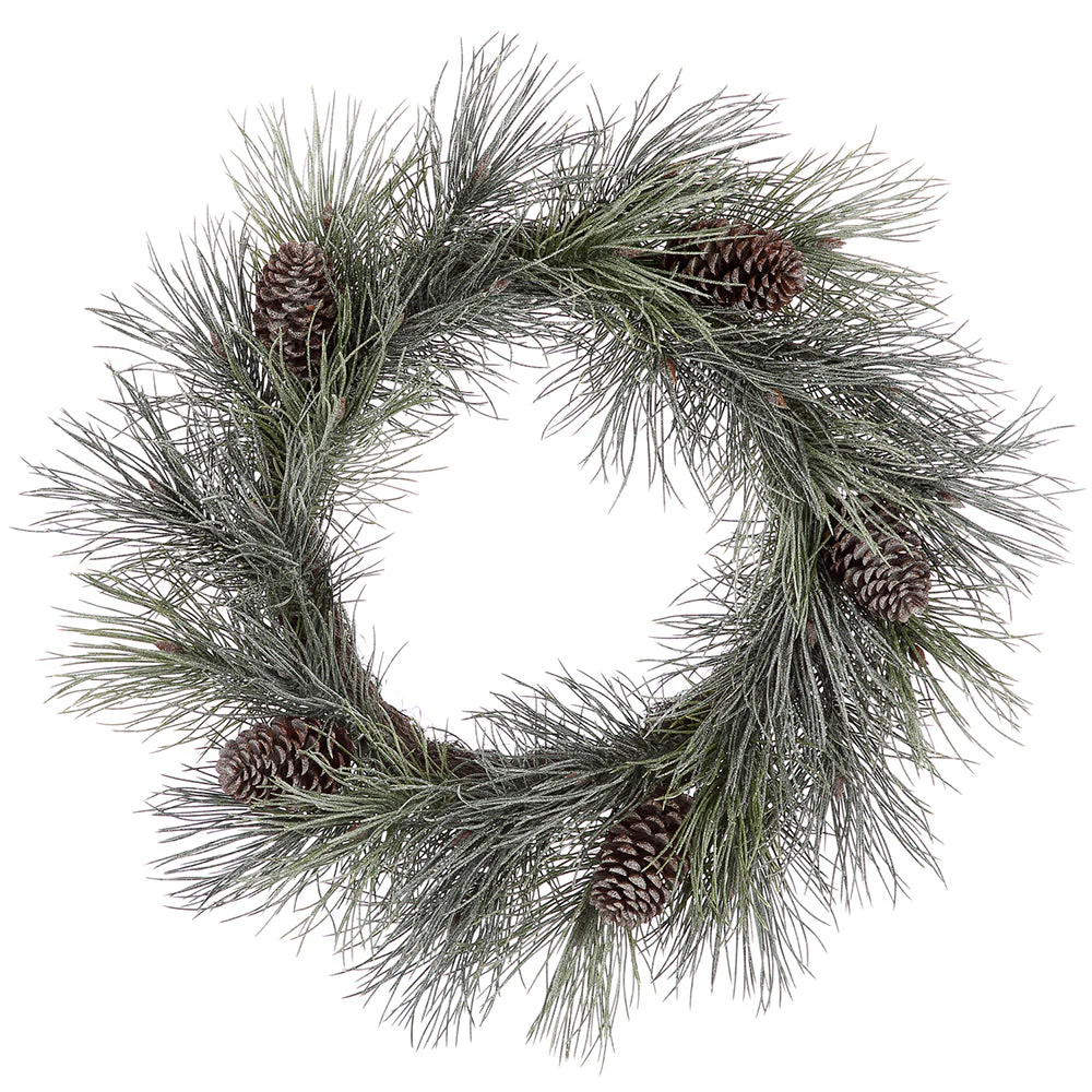 24" Flocked Artificial Long Needle Pine & Pinecone Wreath -Brown/Green (Pack of 2)