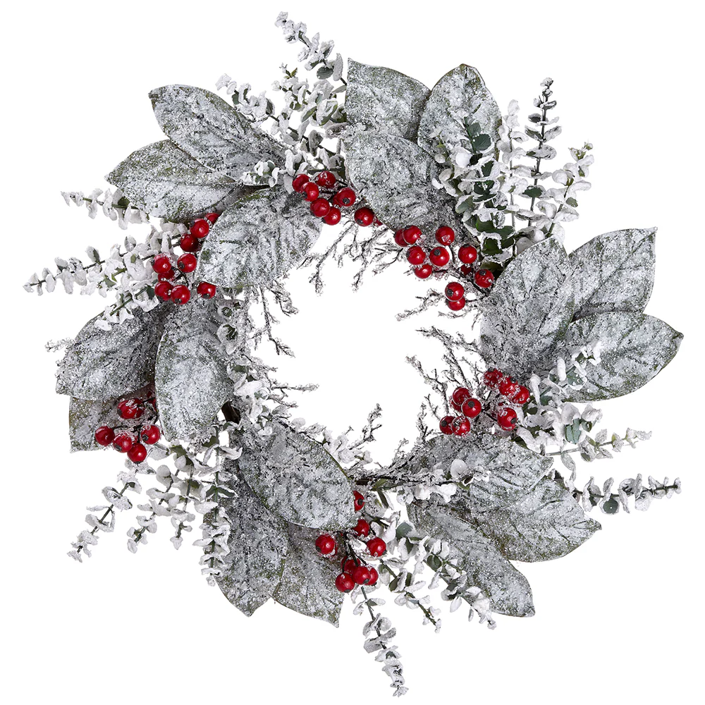24" Flocked Artificial Magnolia Leaf & Berry Wreath -Green/White (Pack of 2)