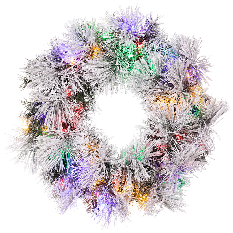 24" Flocked Pine Artificial Wreath, LED Pre-Lit (Multi-Mode) -Green/Snow (Pack of 2)