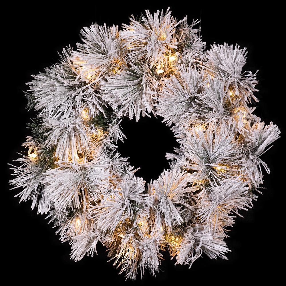 24" Flocked Pine Artificial Wreath, LED Pre-Lit (Multi-Mode) -Green/Snow (Pack of 2) - Image 3