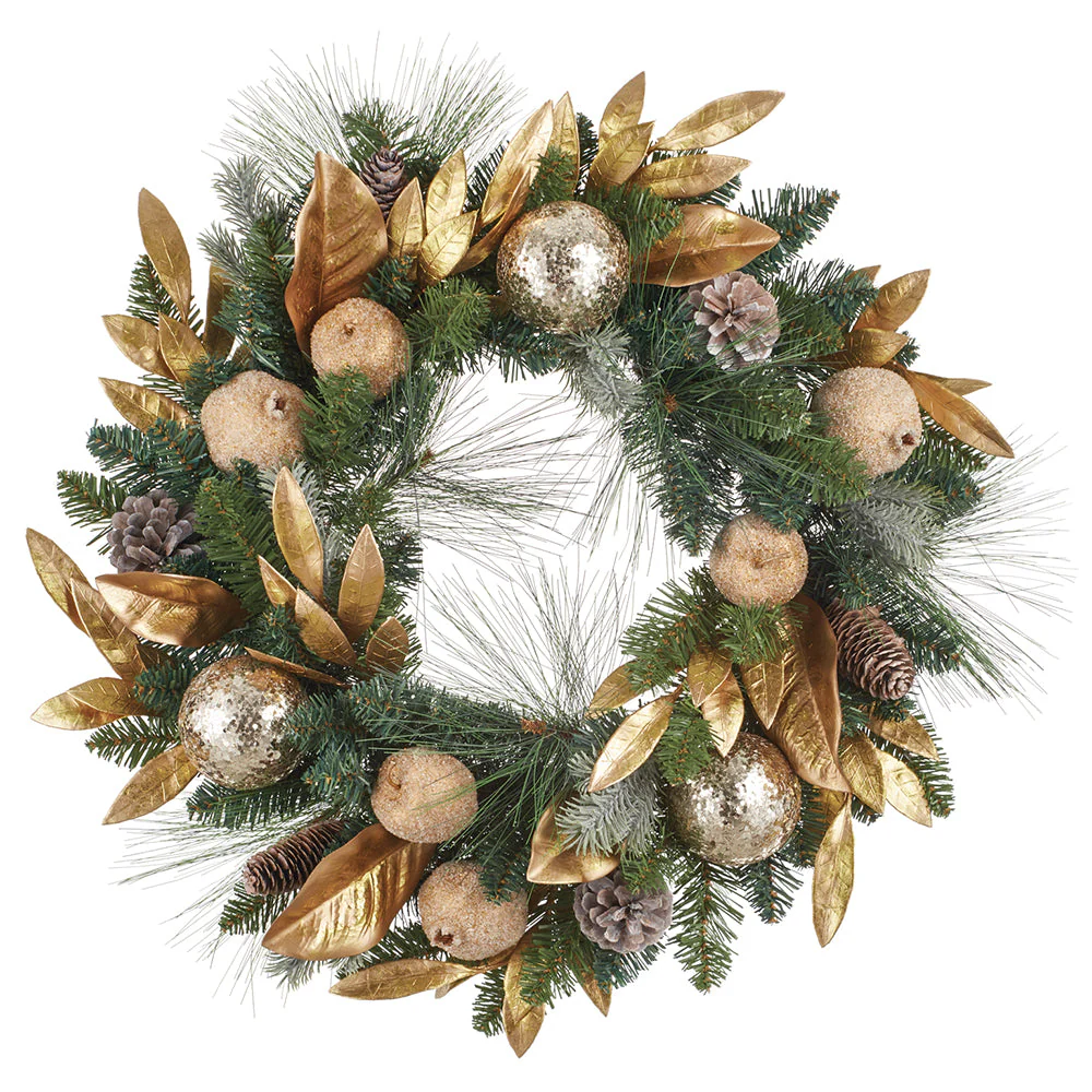 24" Glittered Artificial Apple, Pomegranate & Pinecone Wreath -Gold/Green