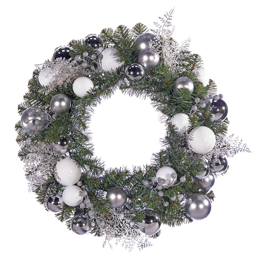 24" Glittered Artificial Ball, Berry, Fern & Pine Wreath -Silver/White (Pack of 2)