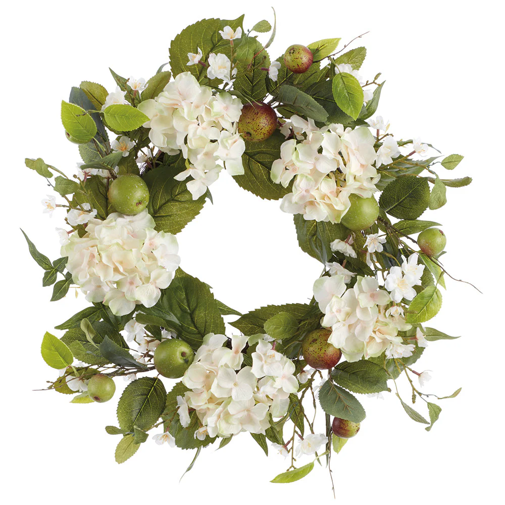 24" Hydrangea, Blossom & Apple Silk Flower Wreath -White/Green