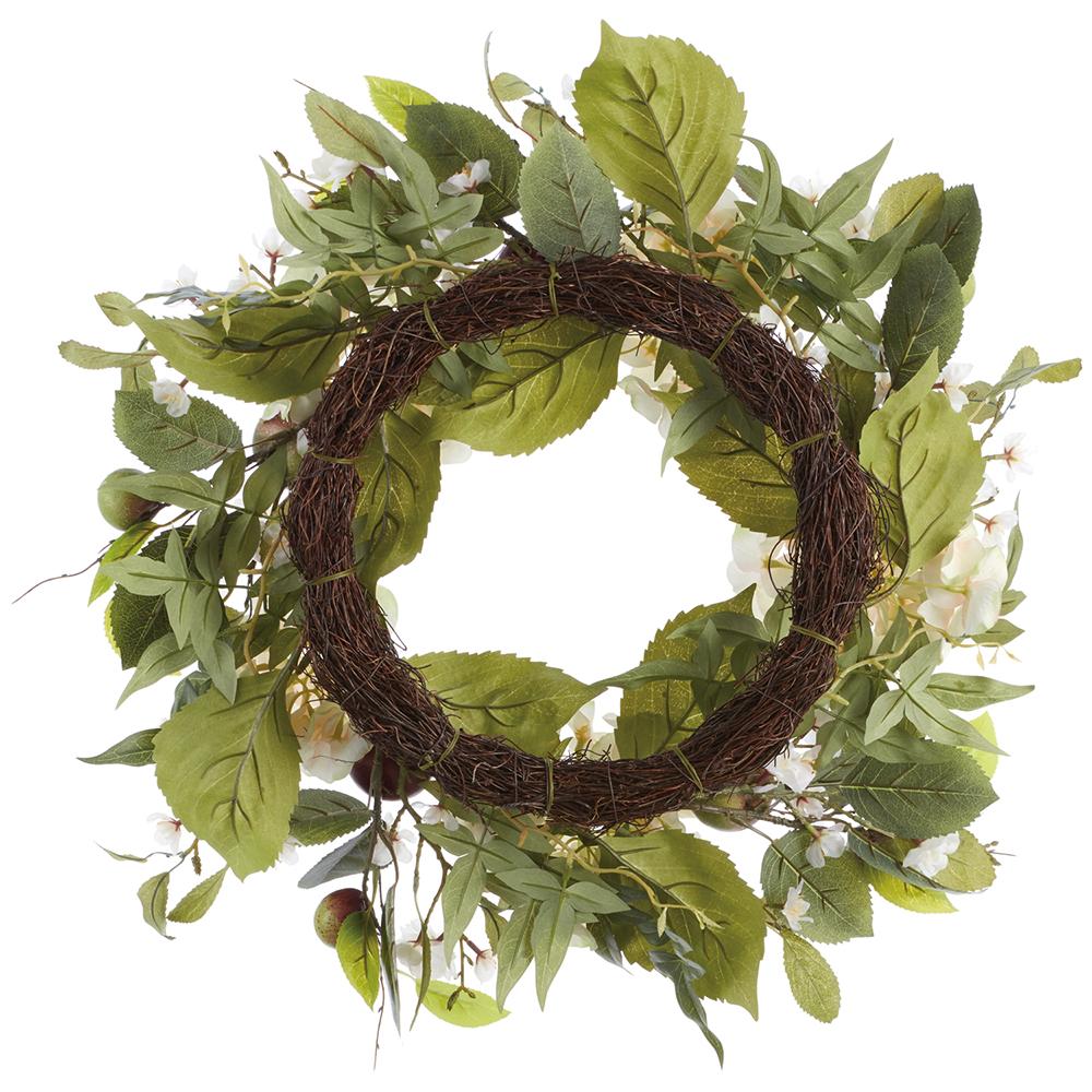 24" Hydrangea, Blossom & Apple Silk Flower Wreath -White/Green - Image 2