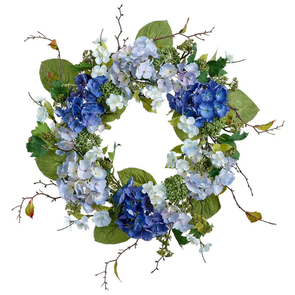 24" Hydrangea & Blossom Silk Flower Wreath -2 Tone Blue (Pack of 2)