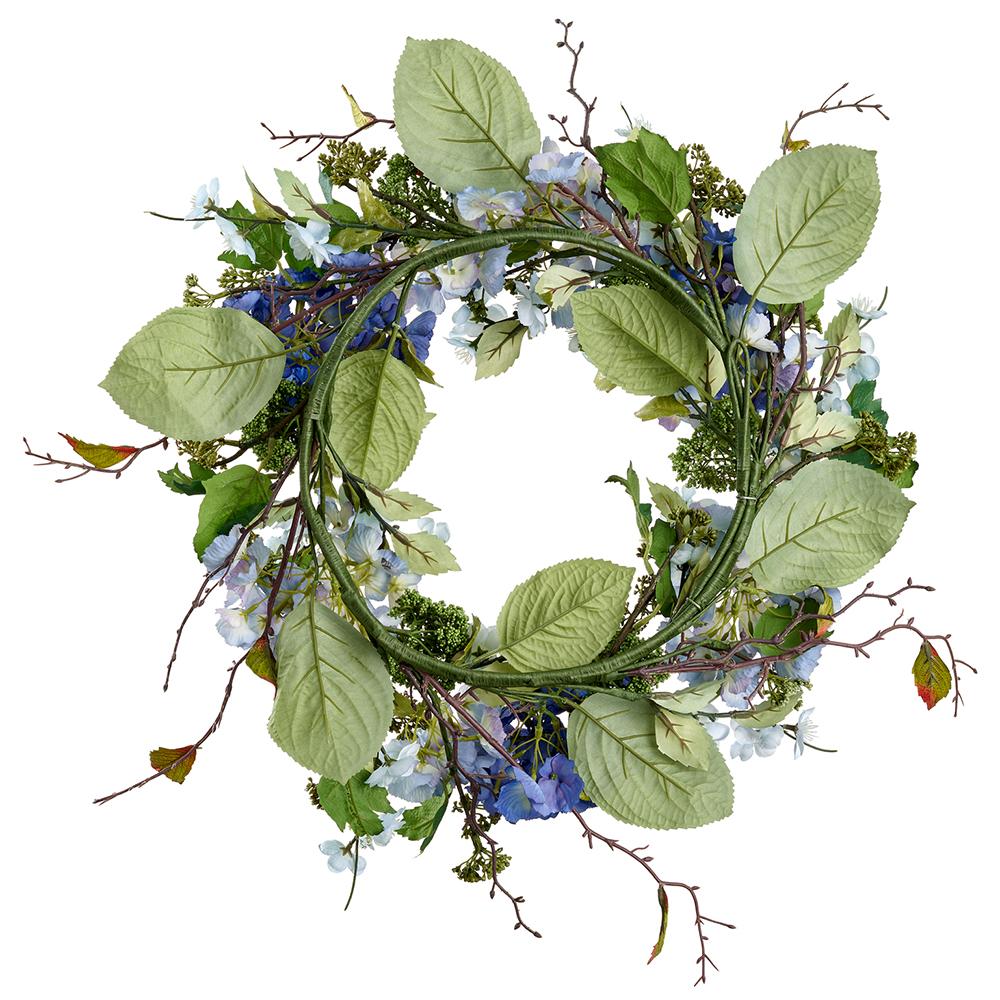 24" Hydrangea & Blossom Silk Flower Wreath -2 Tone Blue (Pack of 2) - Image 2