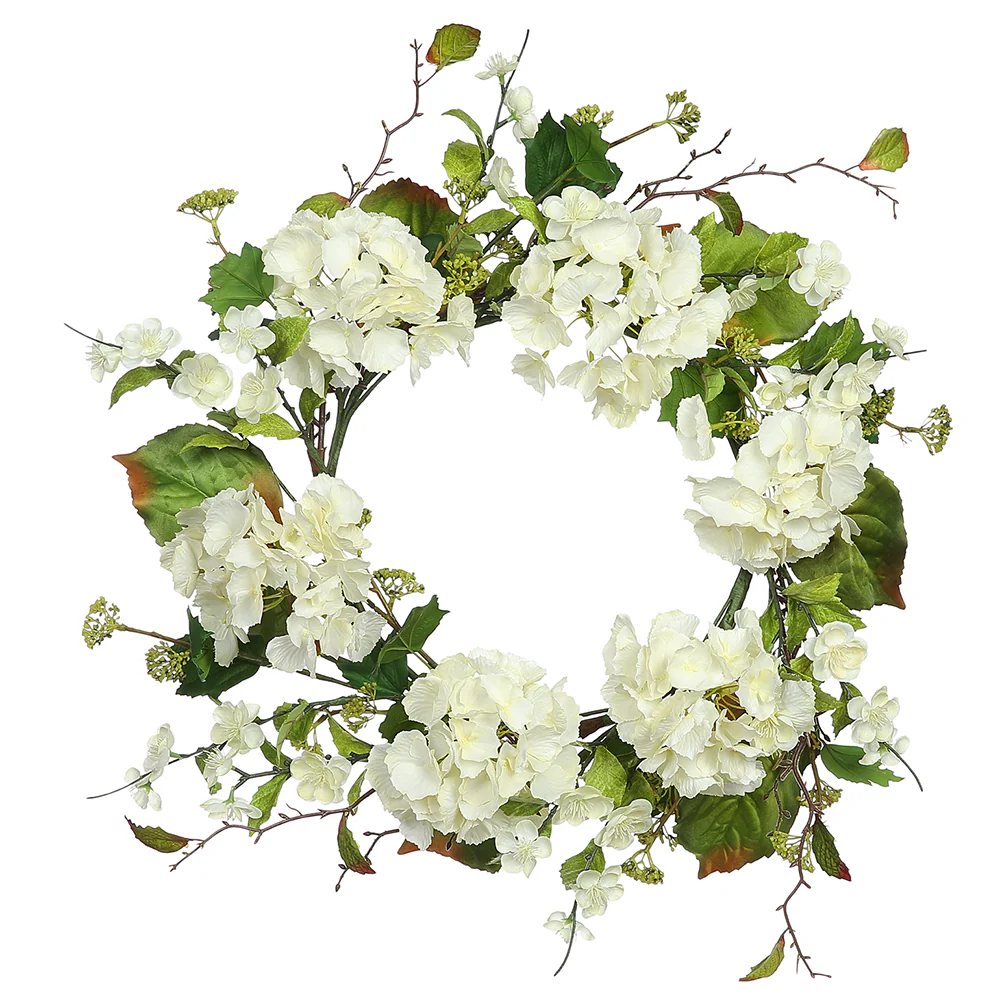 24" Hydrangea & Blossom Silk Flower Wreath -Cream/Green (Pack of 2)