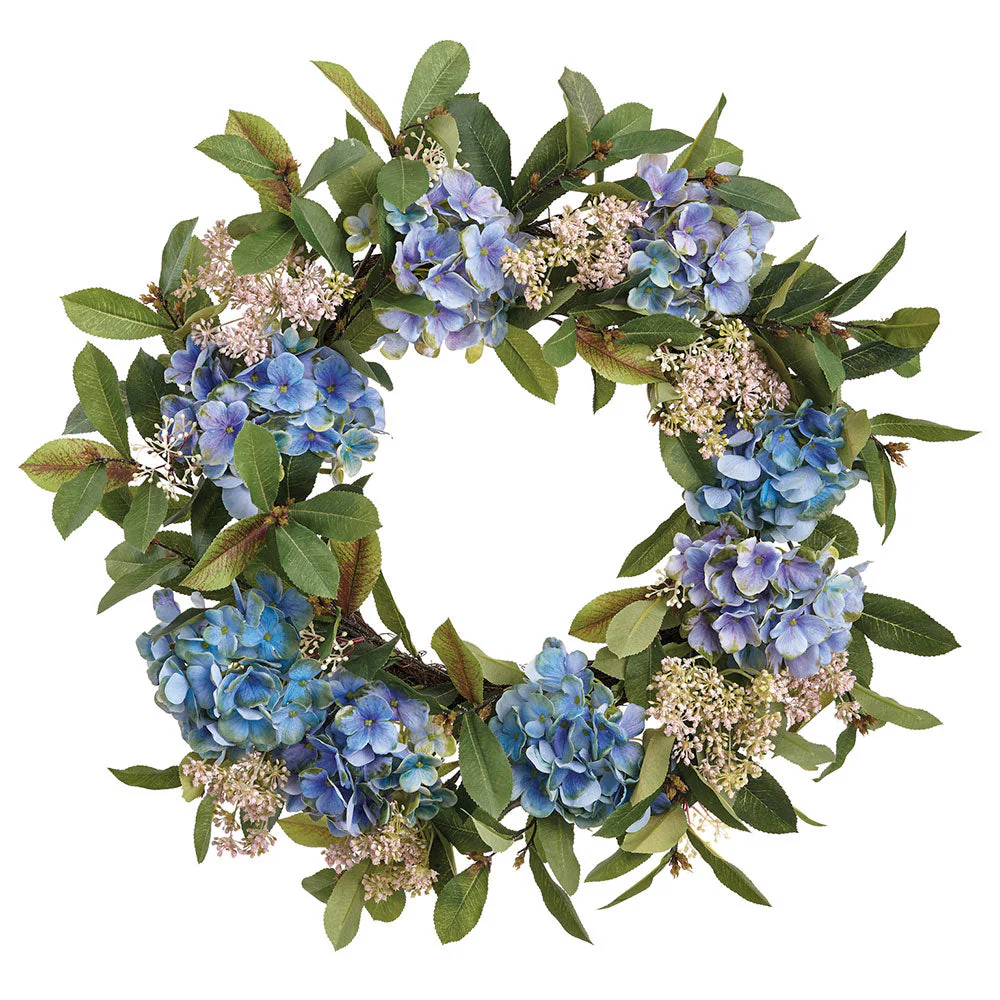 24" Hydrangea & Queen Anne's Lace Silk Flower Wreath -Blue/Green (Pack of 2)
