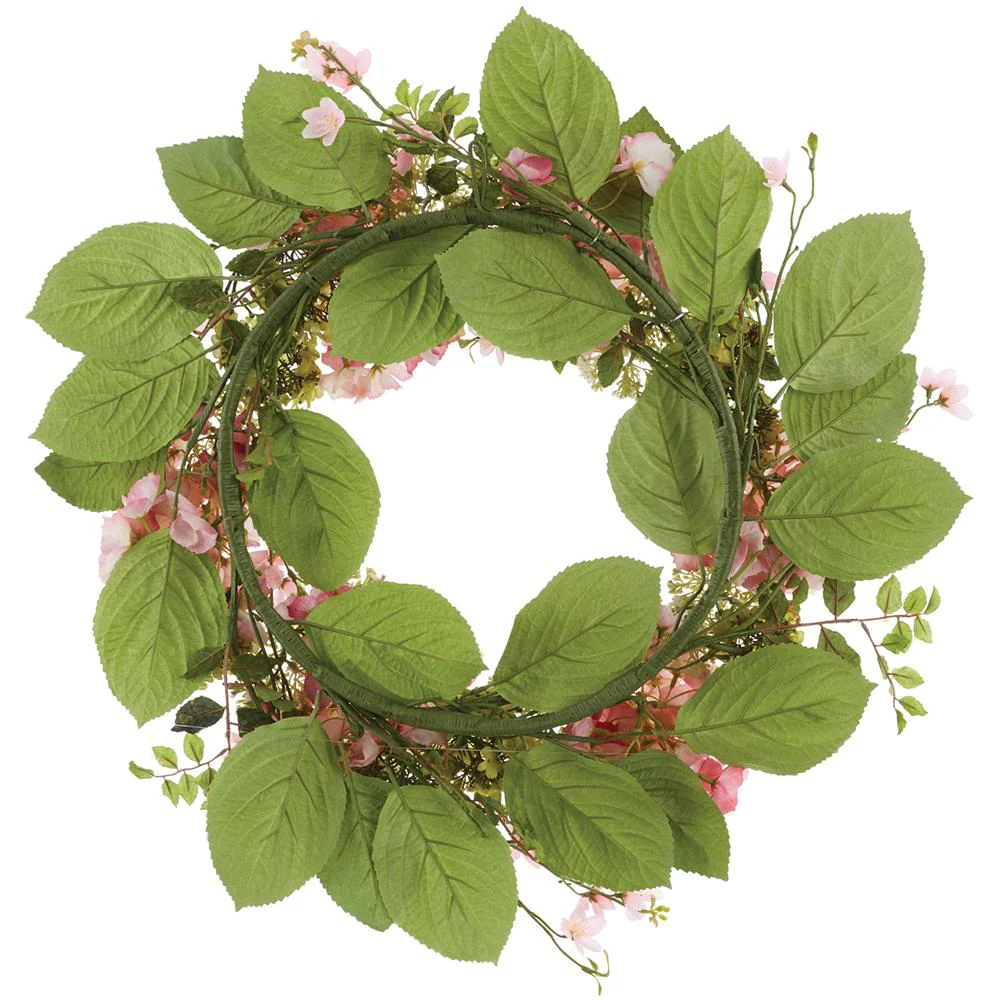 24" Hydrangea, Snowball & Blossom Silk Flower Wreath -Pink/Green (Pack of 2) - Image 2