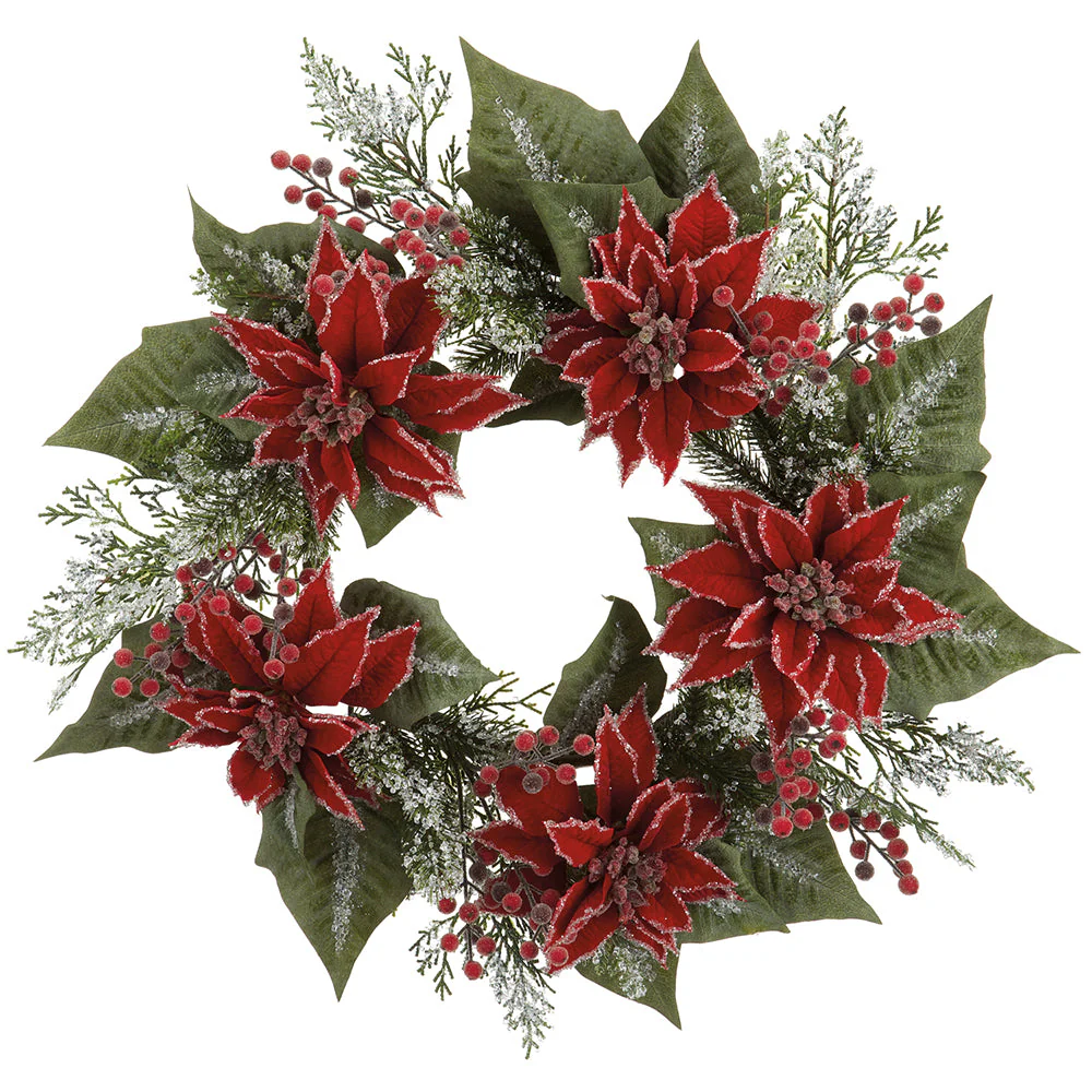 24" Iced Artificial Poinsettia Flower, Berry, Pinecone & Pine Wreath -Red (Pack of 2)