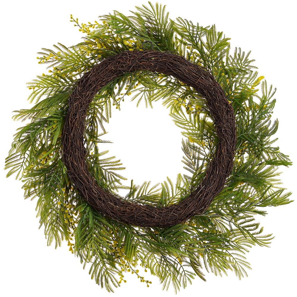 24" Mimosa Flower Artificial Wreath -Yellow - Image 2
