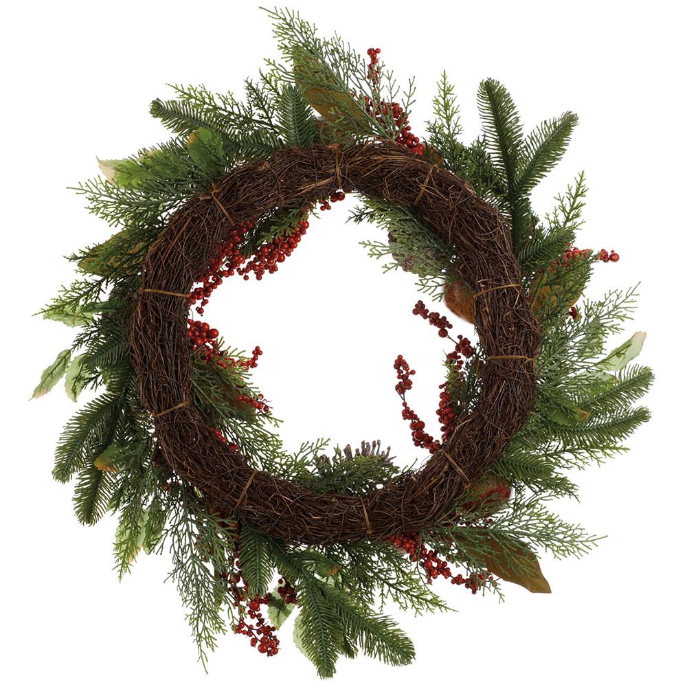 24" Mixed Pomegranate, Pinecone & Pine Artificial Wreath -Burgundy/Green - Image 2