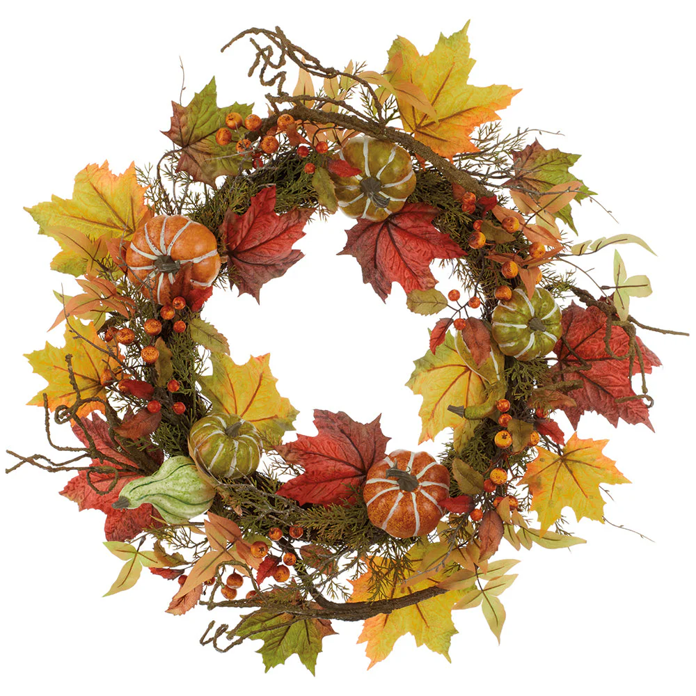 24" Mixed Pumpkin, Berry & Maple Leaf Artificial Wreath -Orange/Burgundy