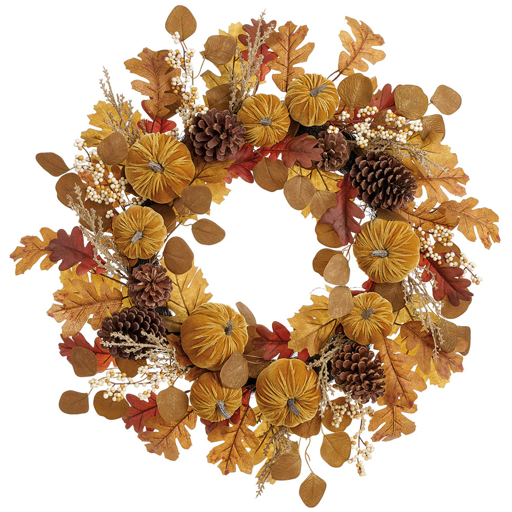 24" Mixed Pumpkin, Pinecone & Oak Leaf Artificial Wreath -Mustard/Brown (Pack of 4)