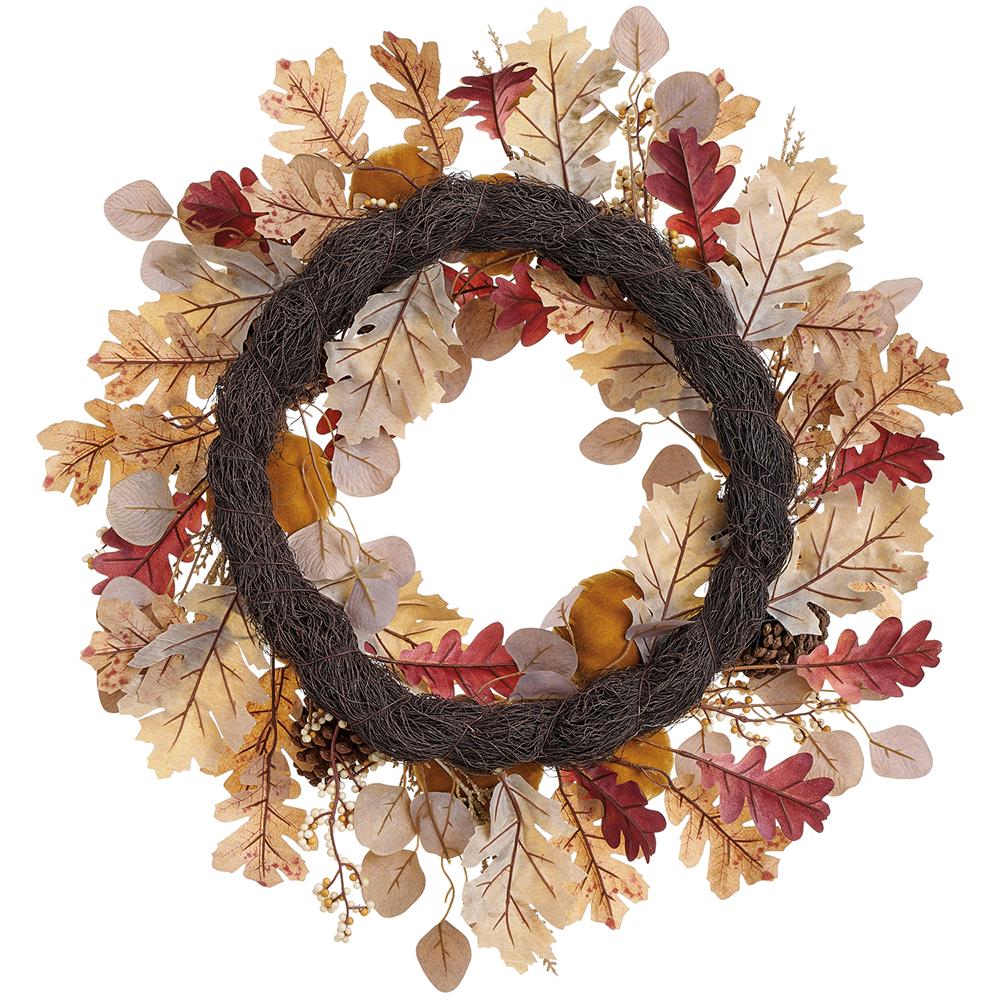 24" Mixed Pumpkin, Pinecone & Oak Leaf Artificial Wreath -Mustard/Brown (Pack of 4) - Image 2