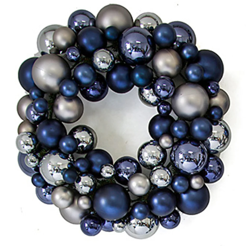 24" Mixed Reflective & Matte Ornamental Ball Wreath -Blue/Silver