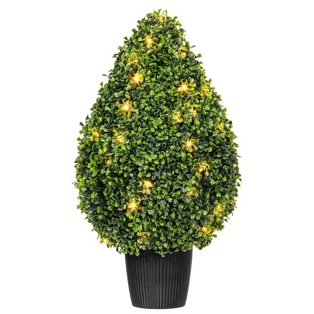 24" Outdoor UV-Resistant Artificial Boxwood Teardrop-Shaped Topiary w/Planter, Micro LED Pre-Lit -Green