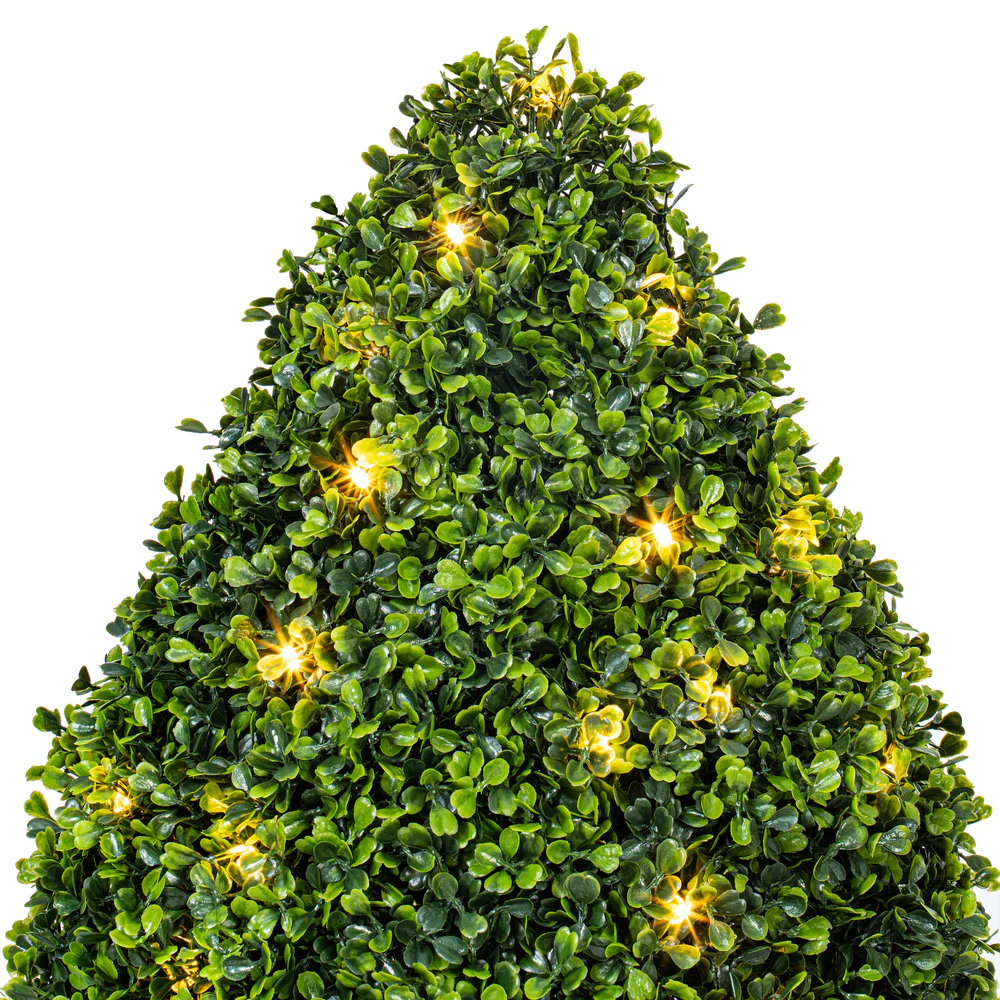 24" Outdoor UV-Resistant Artificial Boxwood Teardrop-Shaped Topiary w/Planter, Micro LED Pre-Lit -Green - Image 2