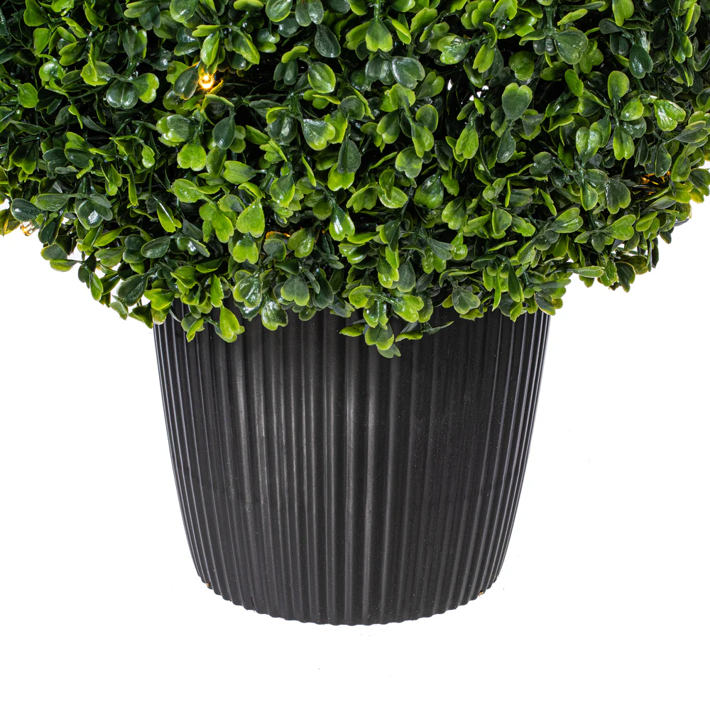 24" Outdoor UV-Resistant Artificial Boxwood Teardrop-Shaped Topiary w/Planter, Micro LED Pre-Lit -Green - Image 3