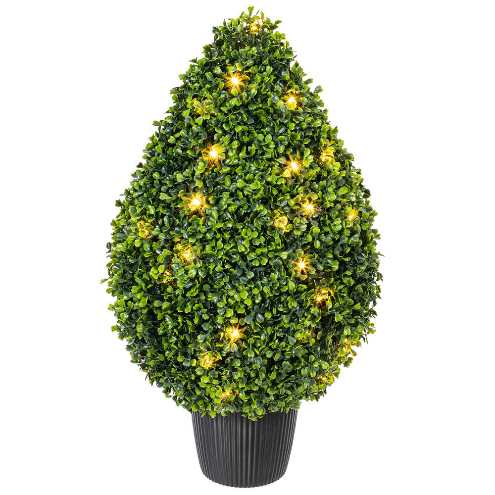 24" Outdoor UV-Resistant Artificial Boxwood Teardrop-Shaped Topiary w/Planter, Micro LED Pre-Lit -Green - Image 4